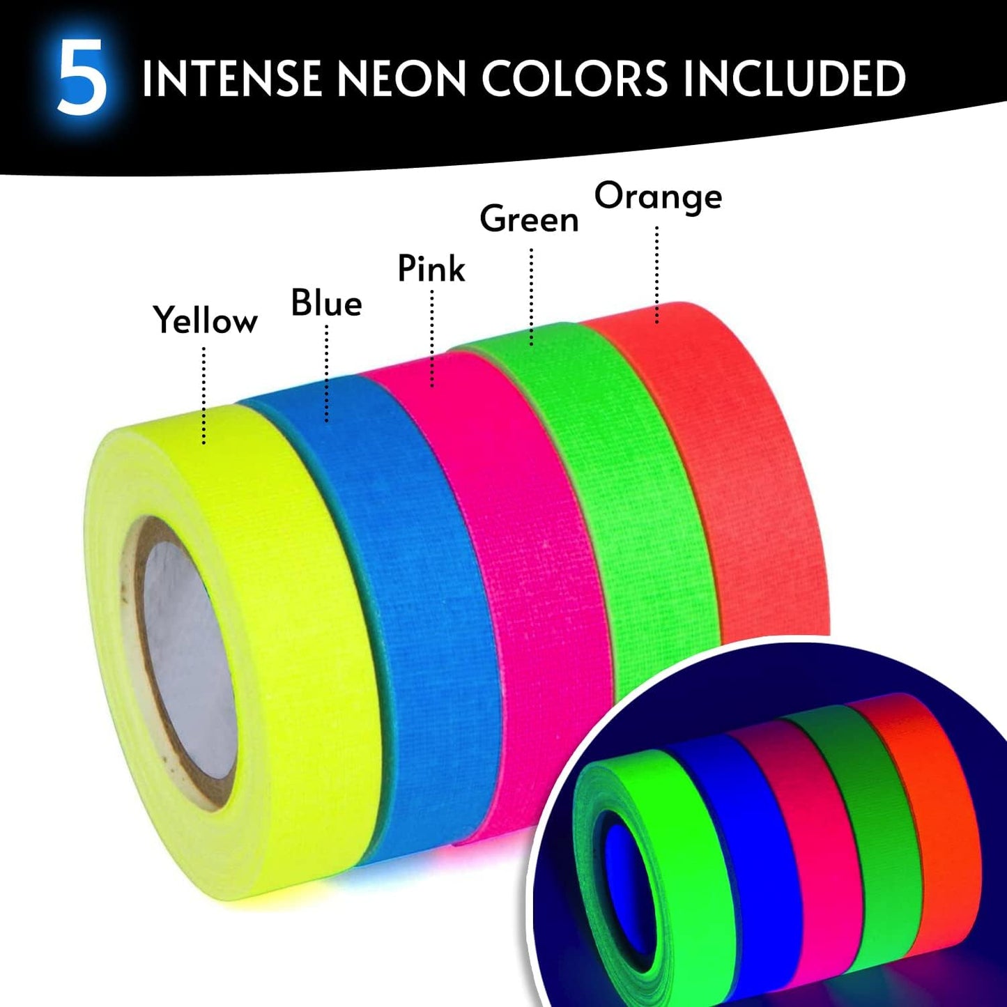 Glow King Blacklight Reactive Glow Tape | Premium UV Fluorescent Neon Party Gift for Events | Multipurpose Luminous Colored Tape for Room Decorations | Glow in The Dark Cloth Tape – 0.5 in x 18 ft