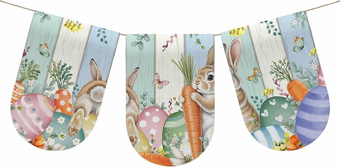 Easter Banner 3Pcs Indoor Outdoor Hanging Banner Flag Spring Rabbit Eucalyptus Leaves Eggs Wooden Sign for Fireplace Mantel Decorative Bunting Garland Valance for Shop Door Mantle Decor 7.9"x11.8"