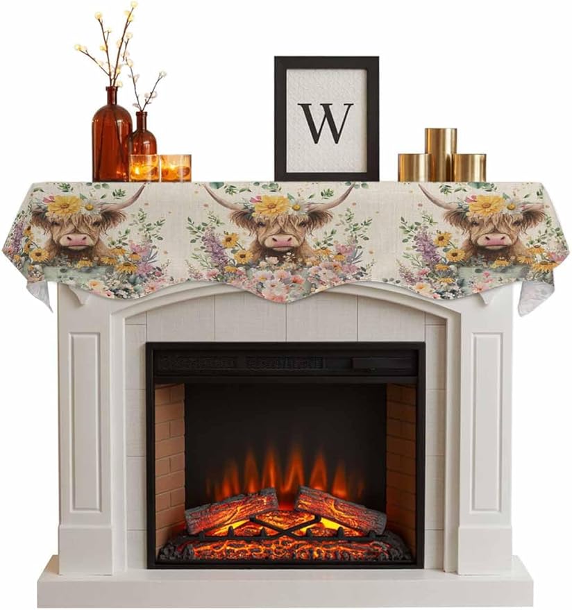 Spring Cow Floral Fireplace Mantel Scarf Table Runner, Green Eucalyptus Leaves Linen Winter Garland Mantel Top Tablerunners Dresser Scarves Cover Decorations for Windows Party Living Room 60''x17''