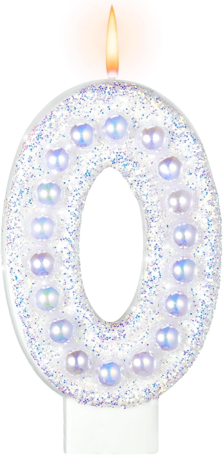 Birthday Candles, Number 0 Birthday Candle for Cake, Birthday Candles Sparklers with Holographic Colored Pearls, 3.35" Large Pearl Candles for Sweet Birthday Party Decoration Supplies