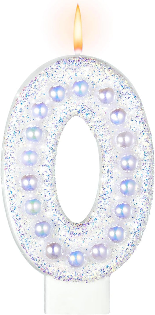 Birthday Candles, Number 0 Birthday Candle for Cake, Birthday Candles Sparklers with Holographic Colored Pearls, 3.35" Large Pearl Candles for Sweet Birthday Party Decoration Supplies