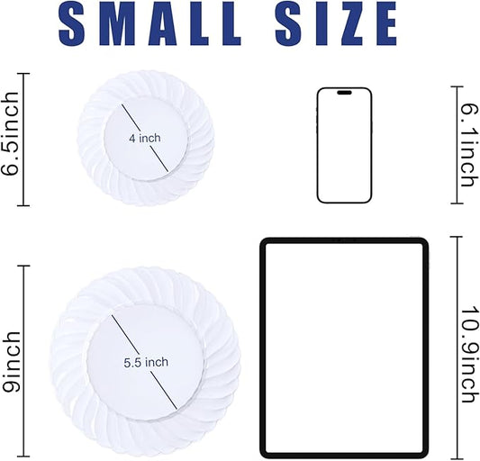 U-QE 100 Pieces White Plastic Plates - Premium White Disposable Plates for Wedding and Party Use Including 50PCS 9 '' Dinner Plate & 50PCS 6.5 '' Dessert Plate