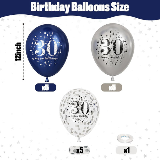Blue Silver 30th Birthday Latex Balloons, Navy Blue Silver Happy 30th Birthday Party Decorations for Men, 15 Pcs 30th Balloons for Him Age 30 Years Old Birthday Celebration Party Decorations Supplies
