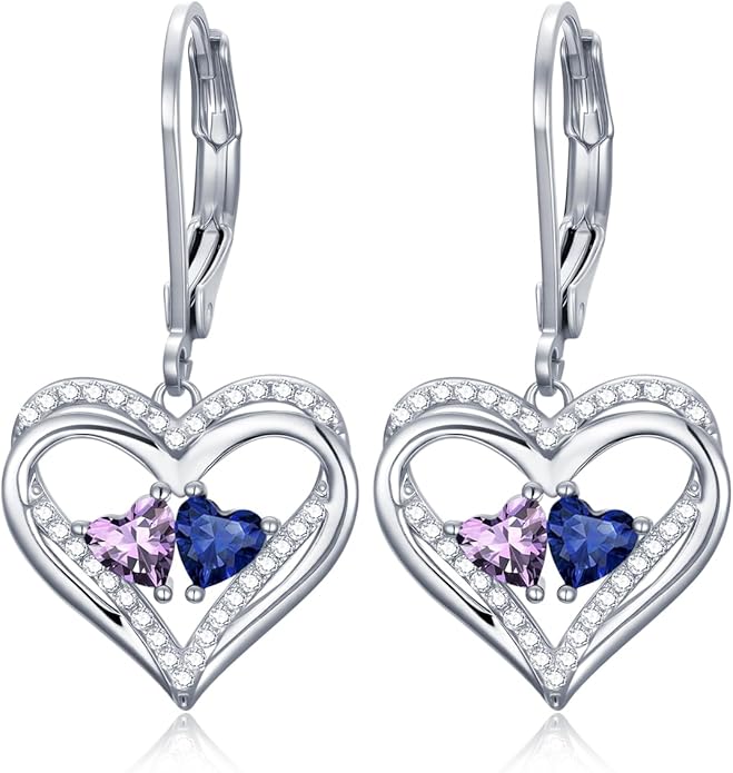 Valentines Day Gifts for Women, Heart Leverback Earrings Double Birthstone Dangle Earrings for Women, Love Jewelry for Her, Anniversary Birthday Gift for Mom Wife Girlfriend