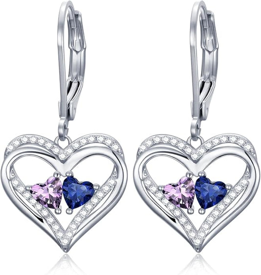 Valentines Day Gifts for Women, Heart Leverback Earrings Double Birthstone Dangle Earrings for Women, Love Jewelry for Her, Anniversary Birthday Gift for Mom Wife Girlfriend