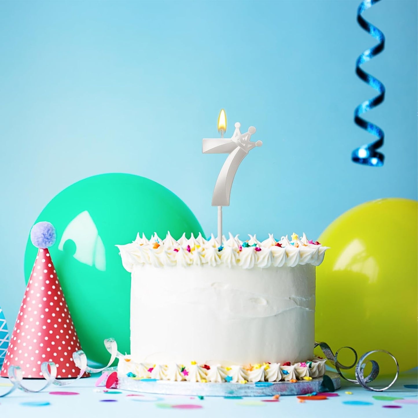 7th Birthday Candle for Cake 3D Crown Design Number 7 Seven Years Old Happy Birthday Decorations(Crown-7, Pearl White)