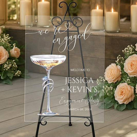 Elegant Ring & Champagne Glass Welcome Sign - "We're Engaged" Calligraphy Decor for Couples