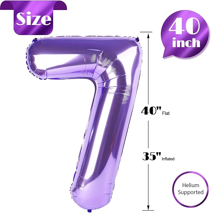 Purple Number 7 Balloon 40 Inch, 7th Birthday Party Decorations for Children, Giant 7 Foil Balloon for Party Supplies