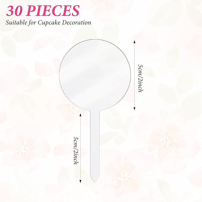 30Pcs 4 Inch Circle Acrylic Blank Custom Cupcake Topper, DIY Clear Blank Personalized Cupcake Topper for Birthday Party, Valentines, Easter, Wedding, Baby Shower Cake Decoration