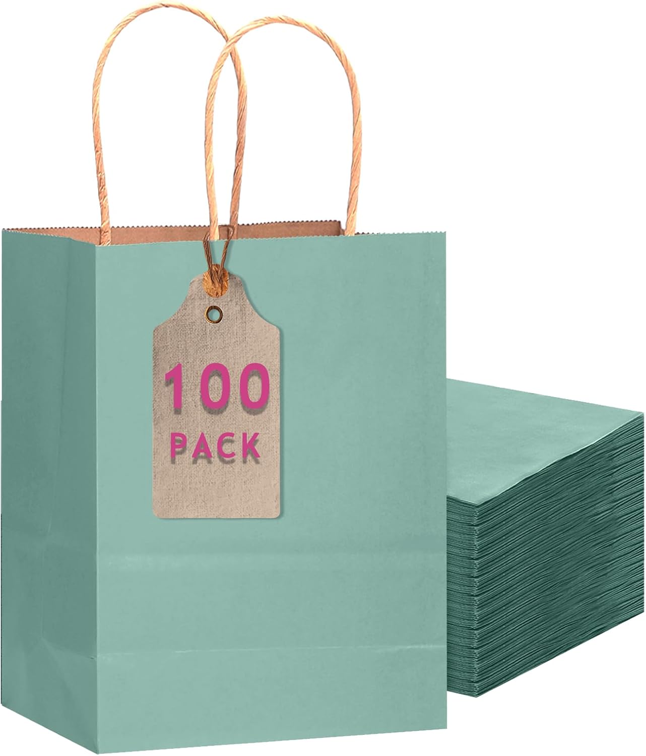 qiqee 100PCS Gift Bag with Handles Bulk Kraft Light Blue Paper Bags Multiple Uses (11"x5"x8"inch Medium Size)