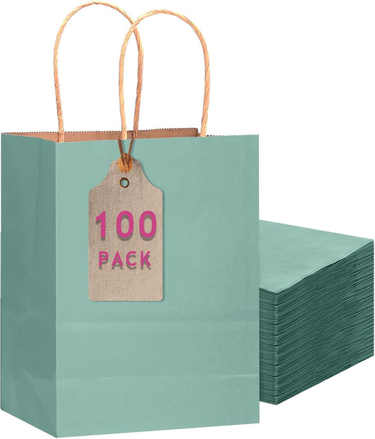 qiqee 100PCS Gift Bag with Handles Bulk Kraft Light Blue Paper Bags Multiple Uses (11"x5"x8"inch Medium Size)
