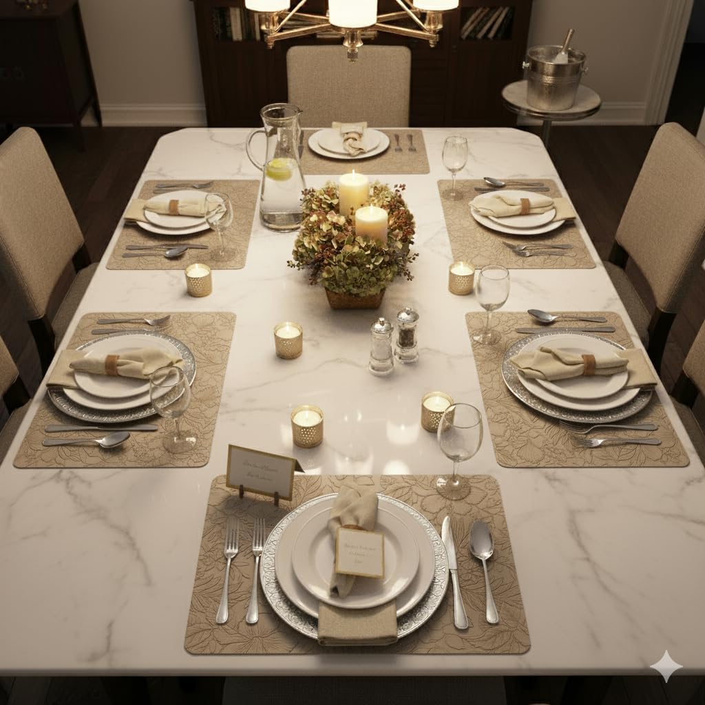 SolaraDawn Faux Leather Placemats Set of 4 Beige, 17" × 12" Waterproof & Heat-Resistant Dining Place Mats, Easy Wash Clean, Wipeable & Anti-Slip Table Mats with Shallow Embossed Texture