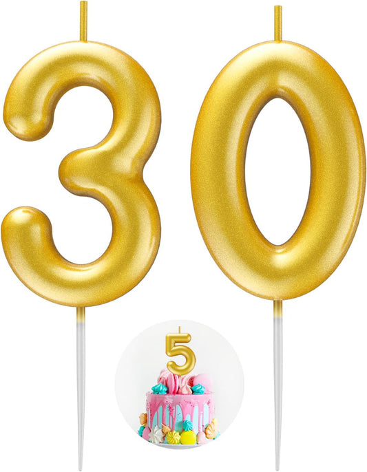 Gold Number 30 Candle Happy Birthday 3D Number Candles for Birthday Cake Party Decoration Wedding Anniversary Celebration Supplies