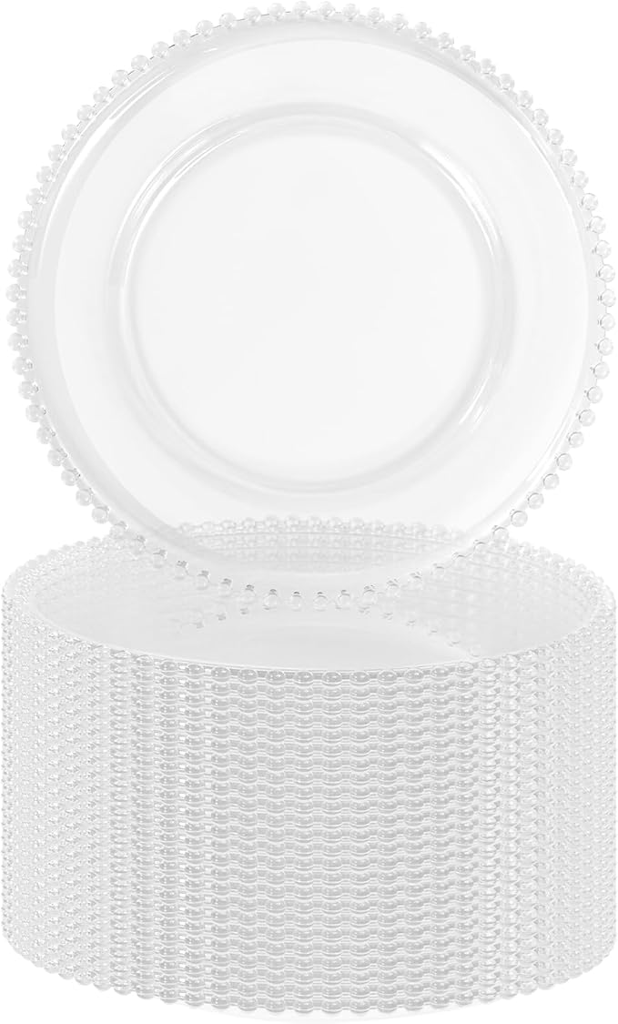 24 PCS Clear Round Charger Plates with Beaded Rim, 13 Inch Plastic Acrylic Plate, Plastic Round Beaded Dinner Decorative Service Plates for Wedding Party Event, Home Kitchen Tabletop(Clear)