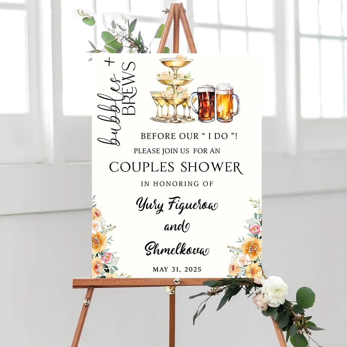 Personalized Greenery Eucalyptus Bubbles and Brews Couples Shower Welcome Sign, Gold Modern Minimalist Wedding Shower Bridal Party Decoration, Outdoor Plastic Sign Weatherproof #16