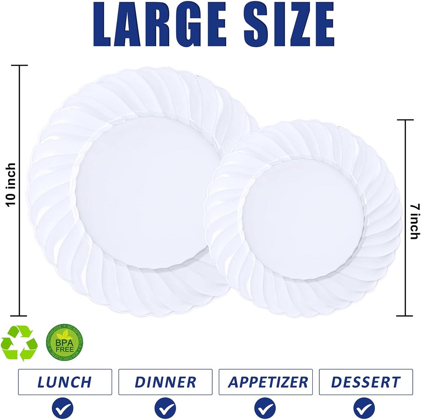 U-QE 60 Pcs White Plastic Plates for Party – Scalloped Plastic Plates Heavy Duty & Elegant – Include 30 10" Dinner & 30 7" Dessert Plate - Perfect for Weddings, Bridal Showers and Parties