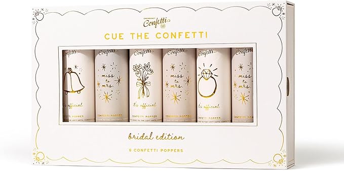 Cue the Confetti Bridal Box (6 Confetti Poppers) – Biodegradable Confetti Poppers for Engagement Parties, Bridal Showers, Wedding, & More – Eco-Friendly & Spring Loaded for Noise Free Fun.