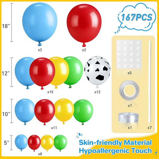 Toy Inspired Story Balloon Arch Kit, 167Pcs Blue Red Yellow Green Cow Print Balloons for Kids Boy Girl Cartoon Theme Birthday Baby Shower Decorations