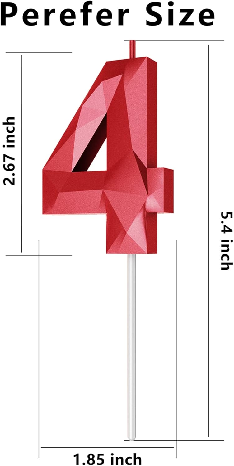 Number Birthday Candles(4 Candle Red) 3D Diamond Shape Number Happy Birthday Cake Candles for Birthday Party Wedding Decoration Reunions Theme Party