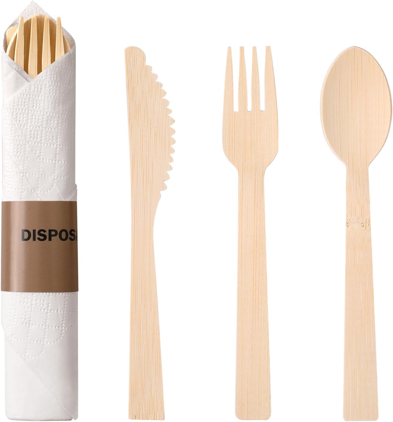 Bamboo Cultery Set with Pre Rolled Napkins- 50 Pack (6.7" 50 Forks 50 Spoons 50 Knives 50 Napkins) Compostable Fork Spoon Knife Set Individually Wrapped Disposable Flatware for Camping/Travel/Wedding