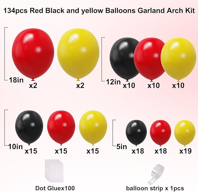YMSZ Red Black Yellow Balloons Arch Kit, 134Pcs Red and Yellow Latex Balloons for Birthday, Baby Shower, Graduation Party Decorations