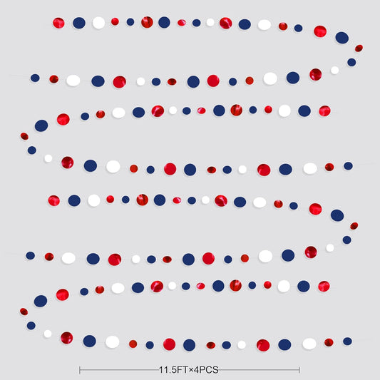 46 Ft Navy Blue Red White Circle Dots Garlands Royal Blue Red Hanging Paper Polka Dots Streamer for 4th of July American Independence Day USA National Day Patriotic Veterans Party Decorations Supplies