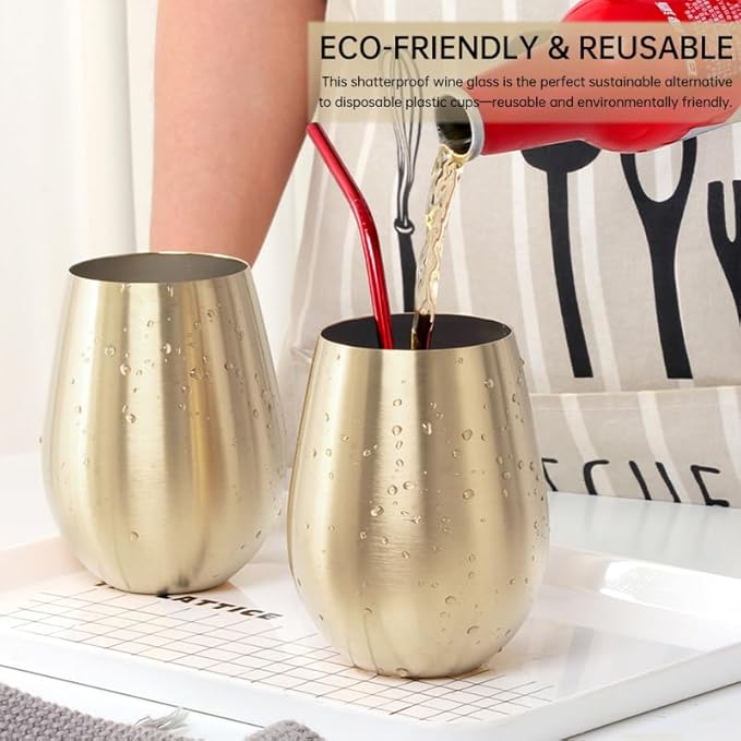 Buyer Star 304 Stainless Steel Wine Glasses Set of 2- Large 17 oz Outdoor Stemless Wine Tumblers - 100% Unbreakable & Stemless Metal Drinking Cups for Home and Outdoors (Champagne gold, Set of 2)