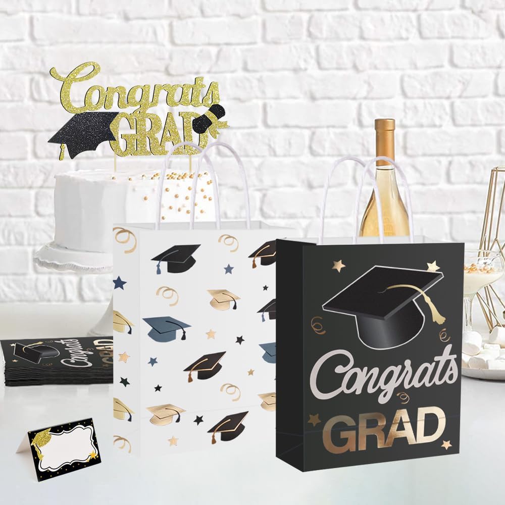24 Pieces Graduate Gift Bags, Graduation Party Favor Gifts Wrapping Bags for Graduation Season Theme Party Supplies Decoration (black gold 24)