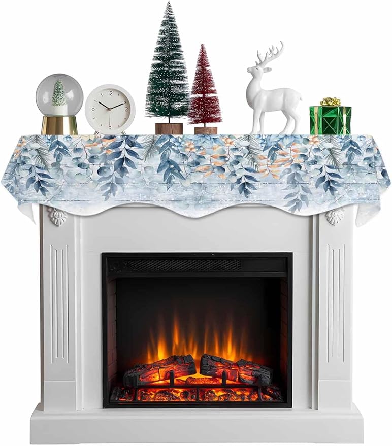 Blue Eucalyptus Fireplace Mantel Scarf Table Runner, Christmas Leaves Poinsettia Farmhouse Wooden Winter Garland Mantel Top Tablerunners Dresser Scarves Cover for Windows Party Living Room 70''x17''