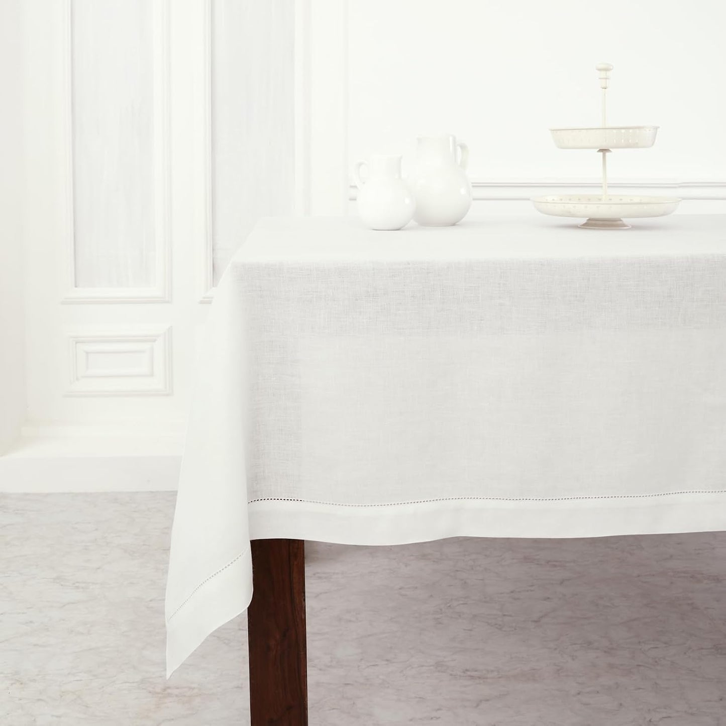 Solino Home Linen Tablecloth for Rectangle Tables 60 x 156 Inch - Classic Hemstitch 100% Pure Linen White Table Cloth - Machine Washable Cloth Tablecloth for Christmas, Fall, Halloween, Thanksgiving