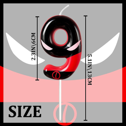 Black Red Mask Number 9 Birthday Candles - Comic Themed Cake Topper for Birthday Decorations Supplies, 9 Candle Party Favors (Number 9)