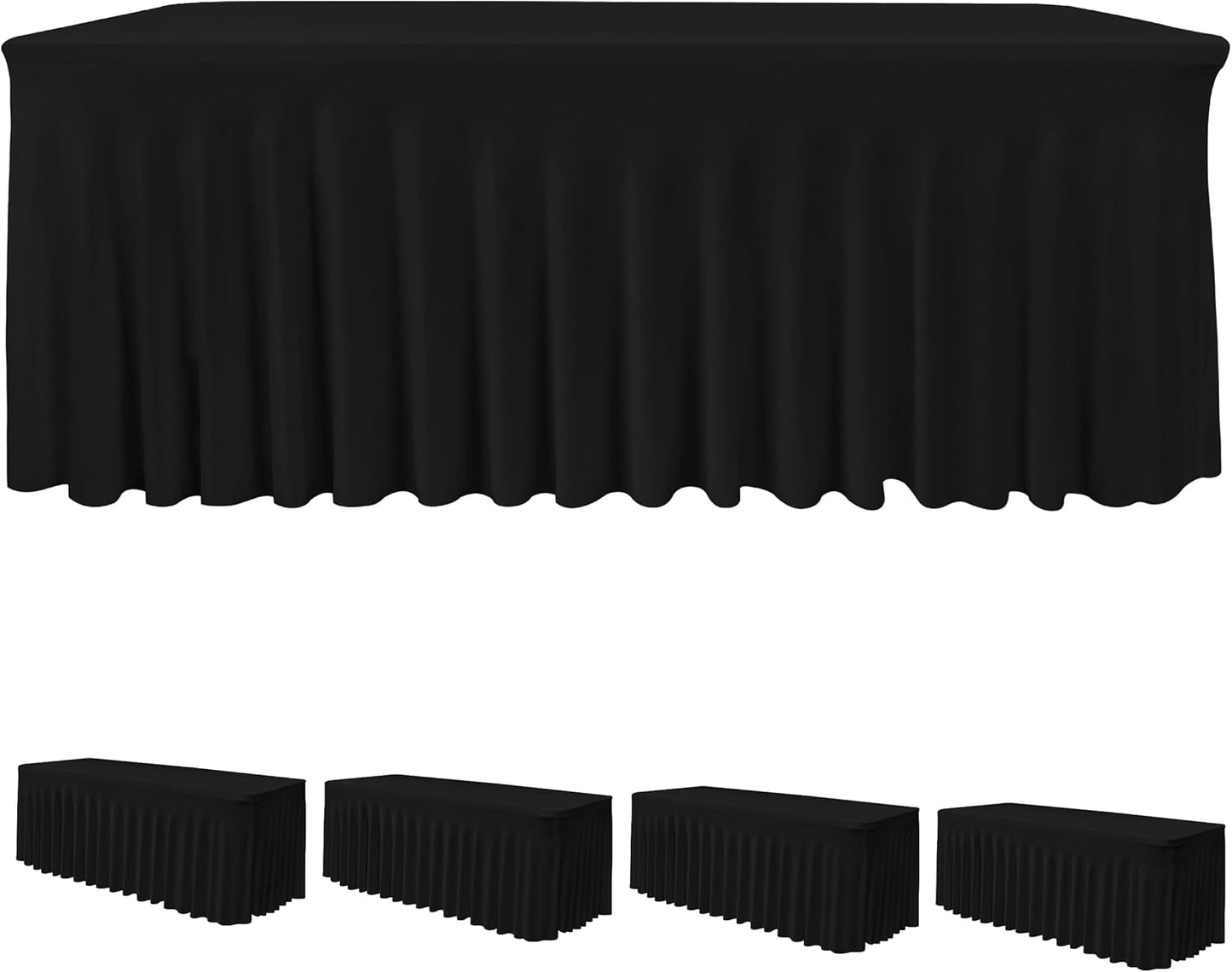 HolidayIdeas Black 4ft Rectangle Spandex Tablecloth 4 Pack Fitted Stretch Table Skirts 24x48 Inch, Ruffle Design Wrinkle-Free Polyester Table Cover for Banquets,Trade Shows, Parties, Events