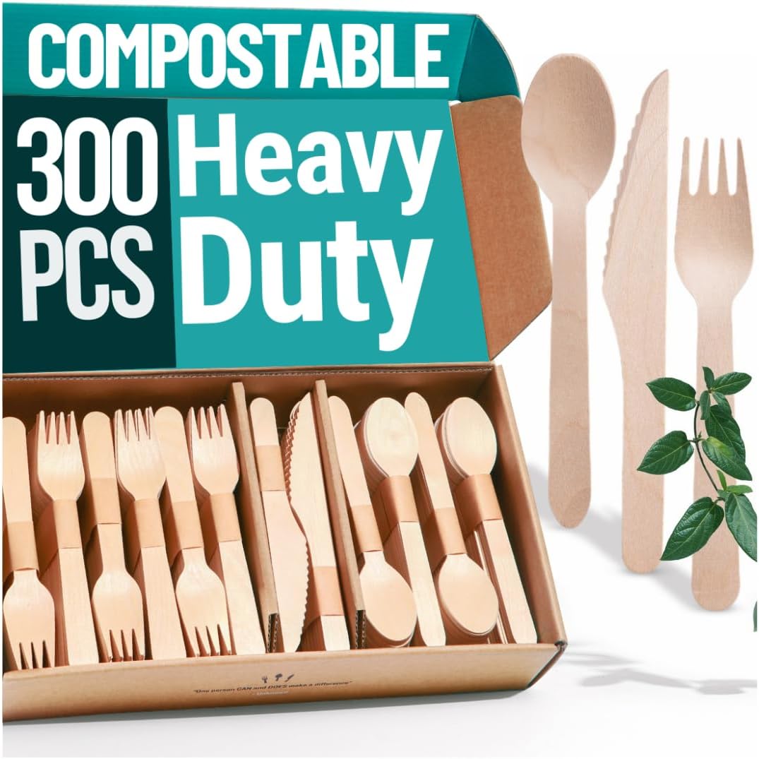 300pcs Disposable Wooden Cutlery Set (150 Forks, 100 Spoons, 50 Knives) Our Heavy Duty Compostable Wood Utensils is FSC Certified Protecting Forests. Zero Plastic Cutlery For Any Occasion