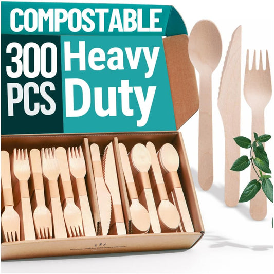 300pcs Disposable Wooden Cutlery Set (150 Forks, 100 Spoons, 50 Knives) Our Heavy Duty Compostable Wood Utensils is FSC Certified Protecting Forests. Zero Plastic Cutlery For Any Occasion