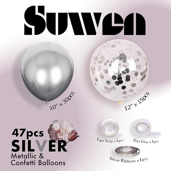 SUWEN Silver Metallic Balloons and Confetti Balloons Set 47PCS Latex Helium Chrome Silver Balloon for Birthday Graduation Anniversary Party Decorations