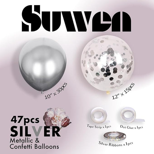 SUWEN Silver Metallic Balloons and Confetti Balloons Set 47PCS Latex Helium Chrome Silver Balloon for Birthday Graduation Anniversary Party Decorations