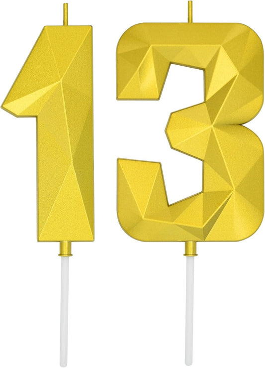 DERVENTA Large Birthday Candle Number 3D Gold 3.7 inch Party Celebration Anniversary Decoration Cake Topper 1 Piece (Number 13 Gold)