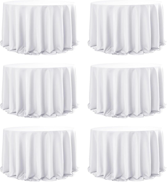 6-Pack White Round Tablecloths, 132 Inches, Stain-Resistant Polyester for 6-8 Ft Round Tables - Washable Table Covers for Weddings, Banquets, Birthday Parties, Events