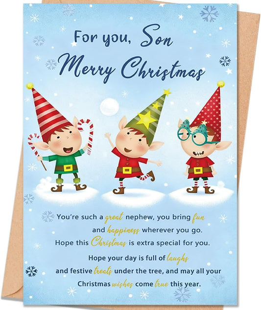 Christmas Card Gift for Son, Son Christmas Card from Mom Dad, Cute Festive Elf Design for Kids or Boys