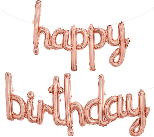 TONIFUL Rose Gold Happy Birthday Balloons Banner, 16 Inch Mylar Foil Script/Cursive Letters Birthday Sign Banner Balloon Reusable Material for Girls Boys Kids & Adults Birthday Decorations