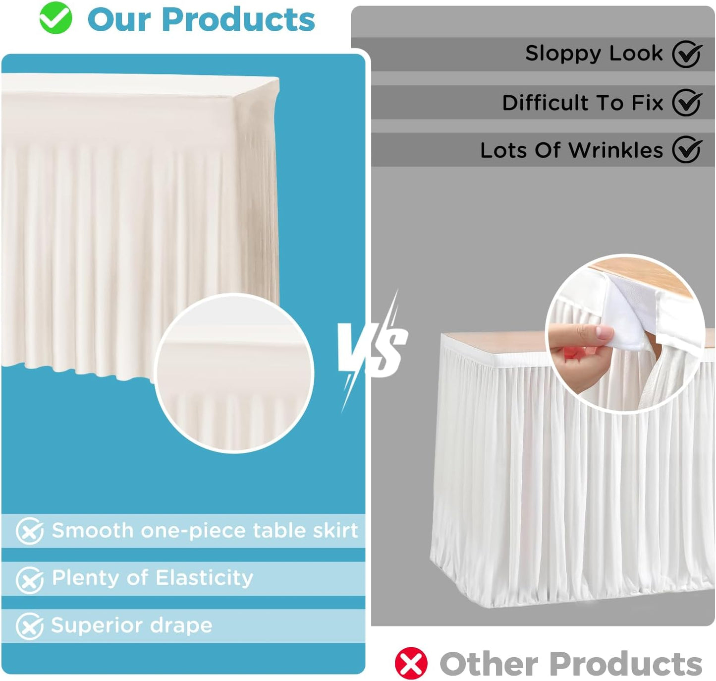 Table Skirts for 8ft Rectangle Tables - 1PCS Beige Table Covers for 8 Foot Tables, Wrinkle Resistant Ruffles Elastic Table Cloths and Table Skirt for Banquets/Weddings/Parties/Birthday