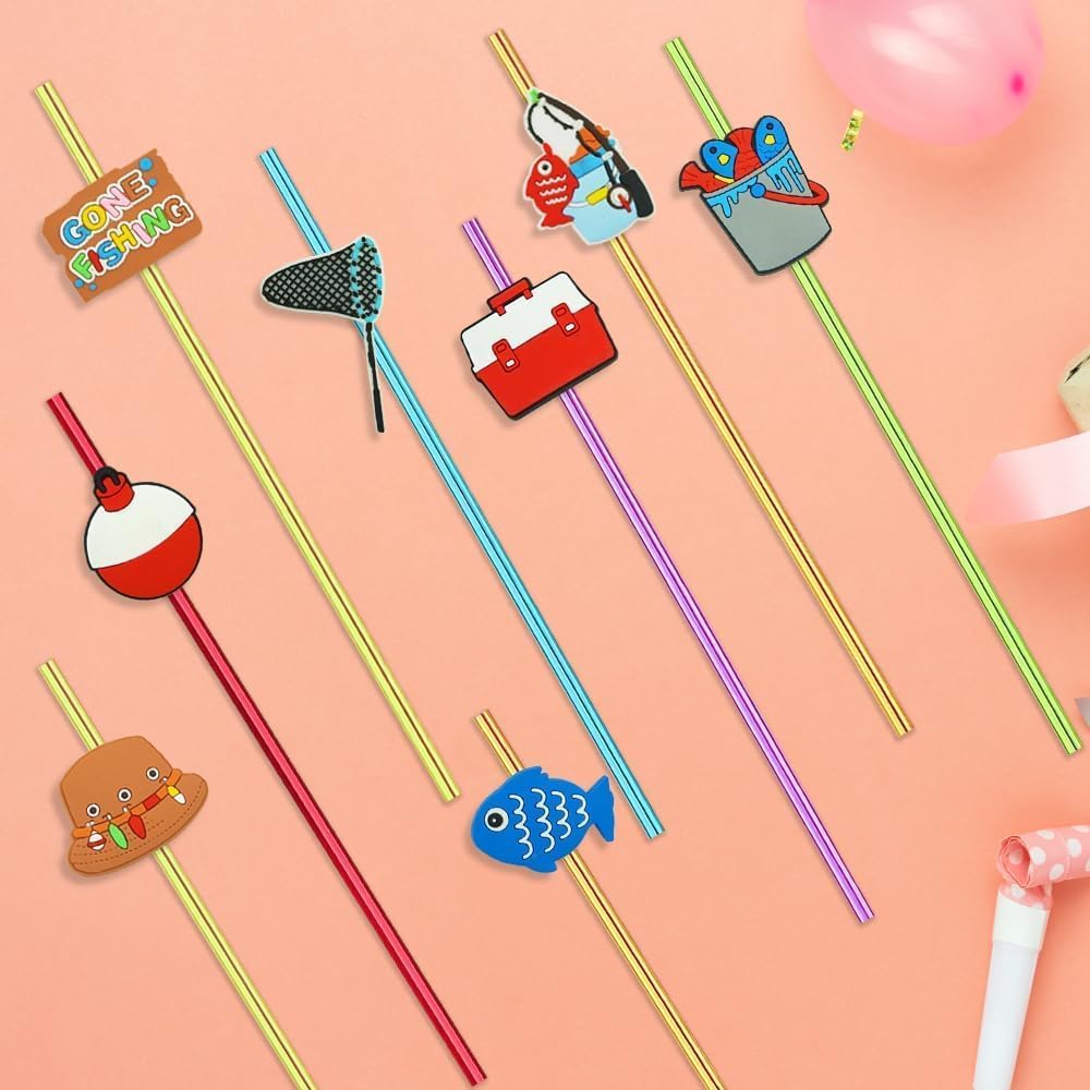 24PCS Fishing Party Favors,Summer Fishing Themed Birthday Party Supplies，Kids Daily Drinking Straws,Birthday Parties,Class Reunions,With 2 Cleaning Brushes.(6color)