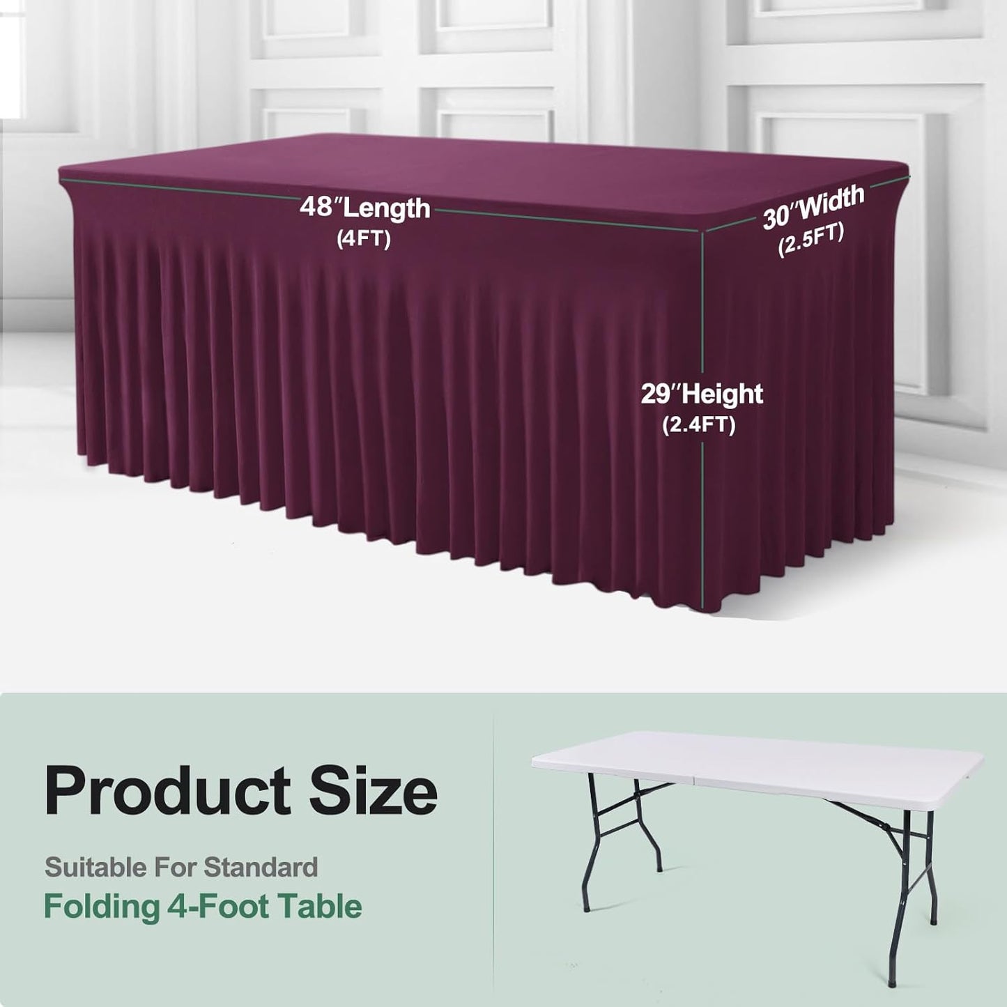 Table Skirt for 4 Foot Tables - 2 Pack One-Piece Burgundy Tablecloths and Skirt, Wrinkle Resistant Ruffles Elastic Cover for Banquets, Weddings, Events, Parties