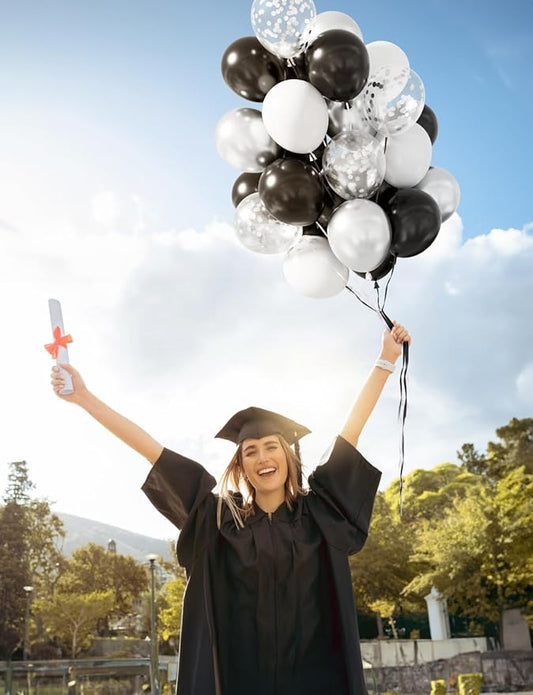 Black and Silver Balloons, 60 Pcs 12 In Metallic Silver, Black, White & Confetti Balloons for New Year’s Eve, Countdown Party, Christmas, Wedding, Birthday, Graduation, Anniversary Decorations