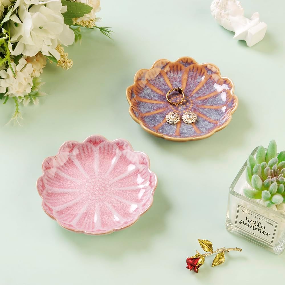 Lotus Ring Holder Dish Small Indoor Ash Tray, Ceramic Dessert Plate Trinket Jewelry Holder Organizing Necklace Earrings for Parents Friends Sister, Deep Purple. All Jewelries Are NOT Included.