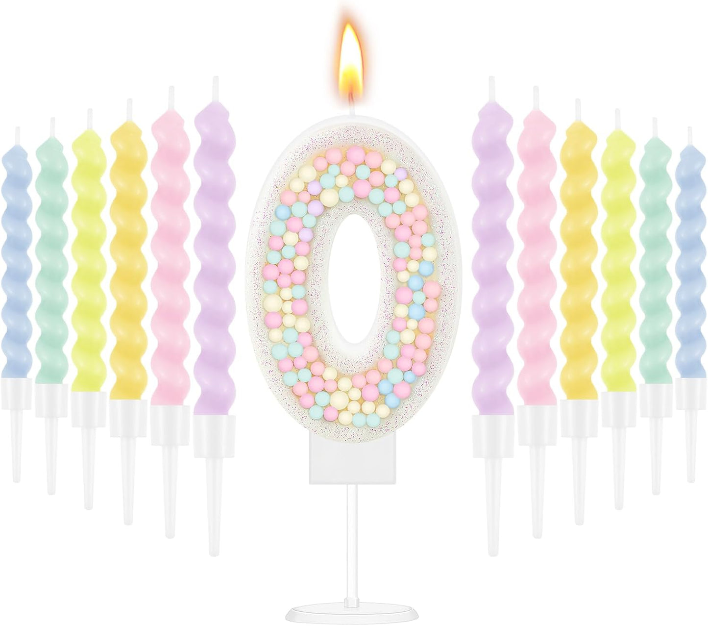 MTLEE Number 0 Birthday Candle with 12 Pcs Spiral Candles for Girls Macaron Pastel Rainbow Unicorn Pink Cake Topper for Sweet Theme Party Decoration