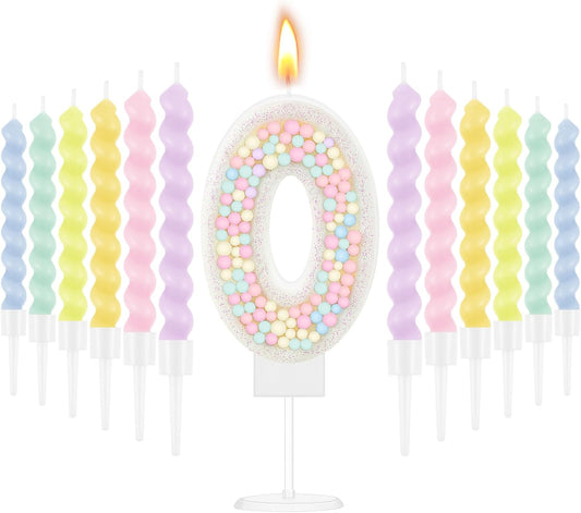 MTLEE Number 0 Birthday Candle with 12 Pcs Spiral Candles for Girls Macaron Pastel Rainbow Unicorn Pink Cake Topper for Sweet Theme Party Decoration