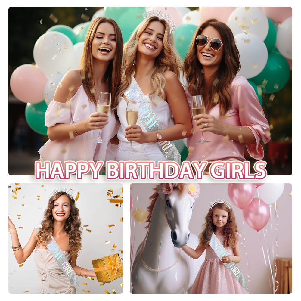 Birthday Crown Birthday Sash for Women, Birthday Girl Sash, Birthday Girl Crown, Glitter Silver Birthday Sash and Crown Rhinestone Headband Set, Happy Birthday Girl Princess Tiara Sash Accessories