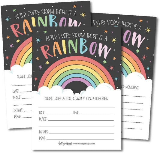 Hadley Designs 25 Rainbow Baby Shower Invitations for boy or girl, Gender Neutral Reveal Themed, Cute Printed Fill or Write In Blank Printable Card, After Every Storm Coed Twin Party Paper Supplies