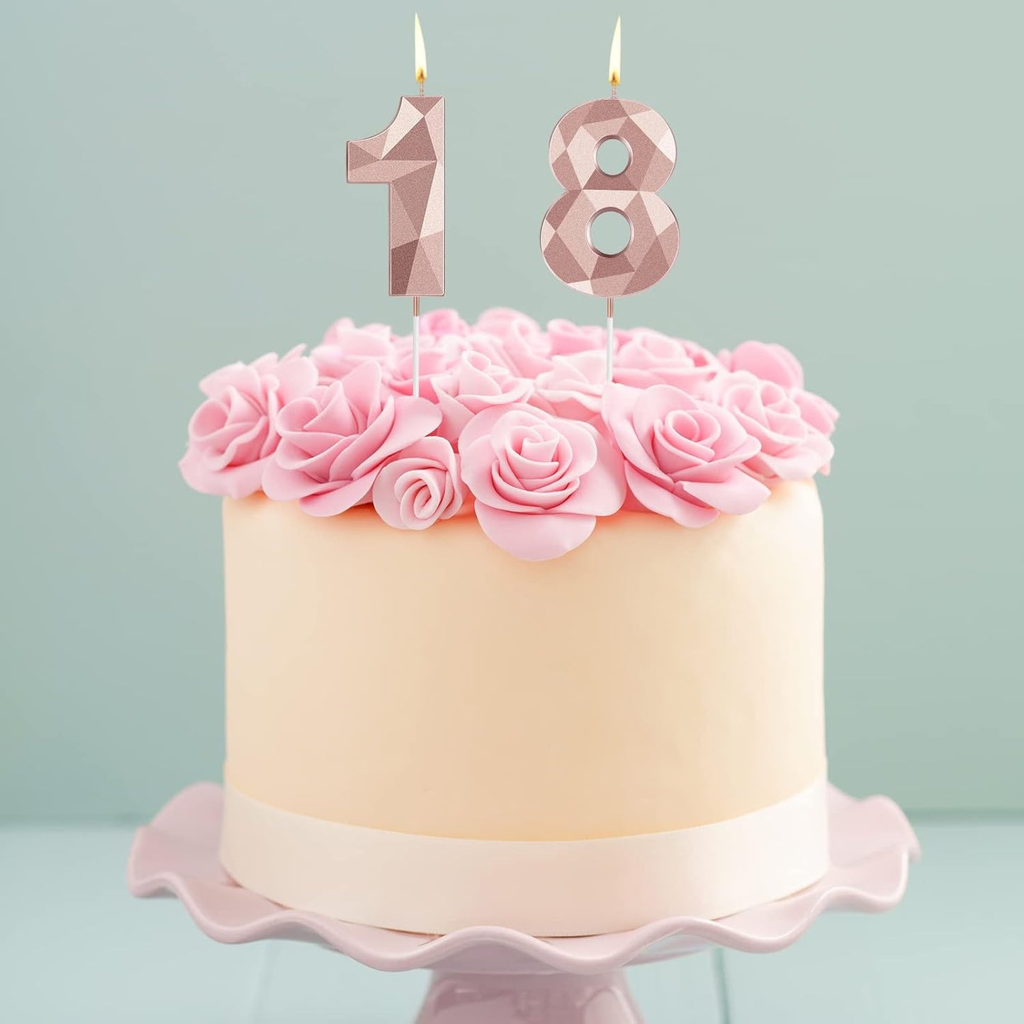 18th Birthday Candles, Rose Gold 3D Diamond Shape Number 18 Candles Happy Birthday Cake Topper Decoration for Wedding Decor Theme Party Anniversary, 2 Inch